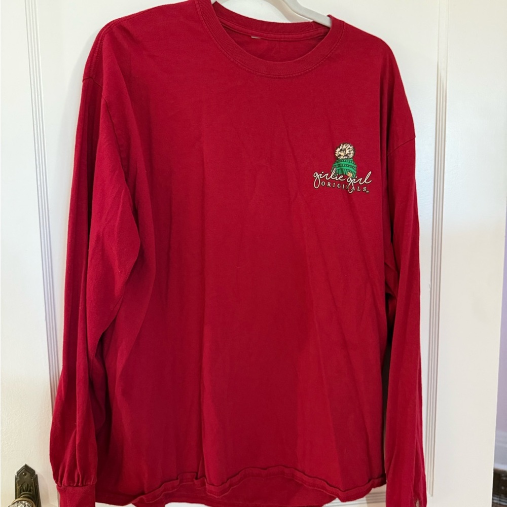 Red Long Sleeve Tee with Festive Cow Graphic